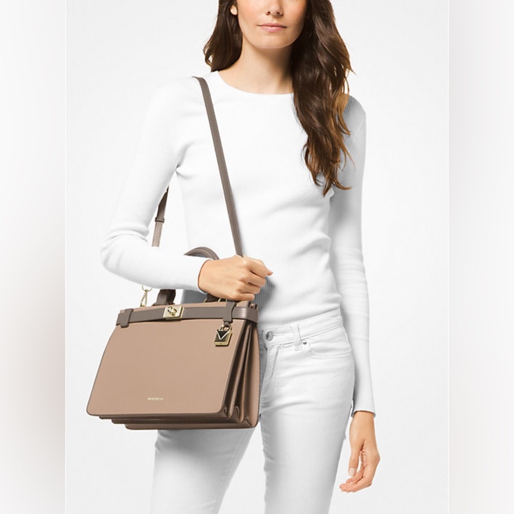 Michael Kors Tatiana Medium Leather Satchel- Turffle/Mushroom NWOT MSRP: $398.00 - Picture 4 of 15